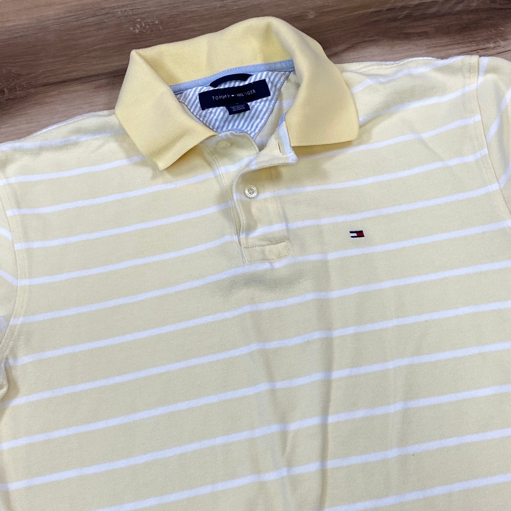 Tommy Hilfiger Polo Shirt Men M Striped Cotton Pique Classic Yellow White Casual